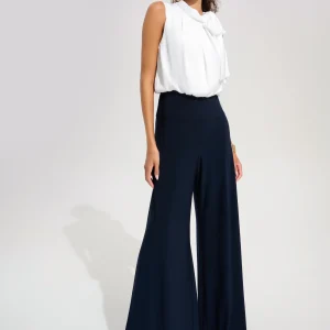 Signature | Silky Knit And Satin Wide Leg Jumpsuit With Contrast Bodice And Neck Bow Tie